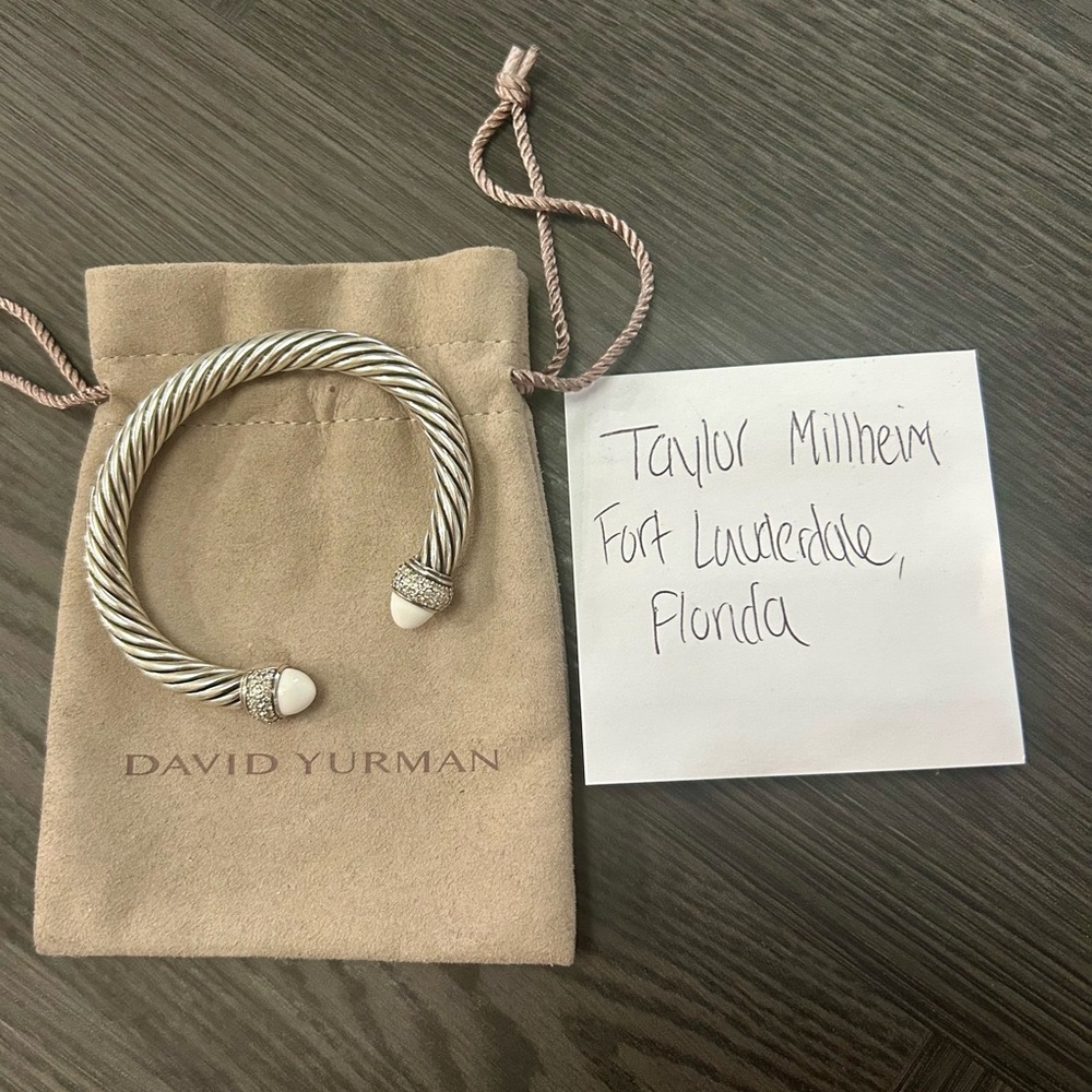 David Yurman Sterlinf Silver White Agate Diamond Classic Cable Bracelet